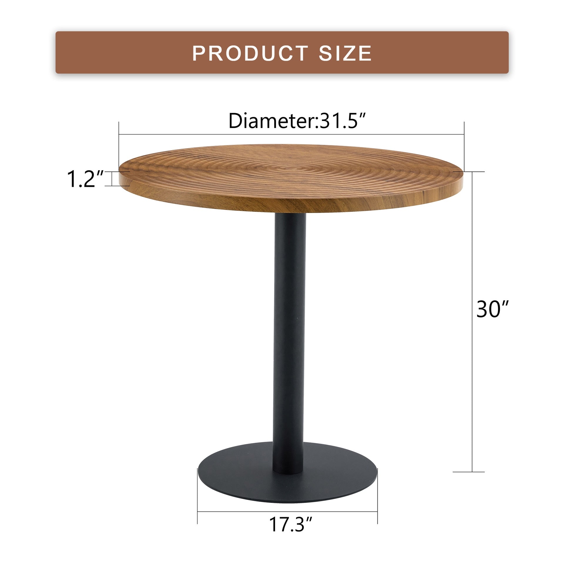 31.5 Inch Dark Wood Grain Round Dining Table - Suction Molding Annular Texture, Durable and Water-Resistant.Suction Molding Process,Dark Wood Grain Design,Black Metal Stand.