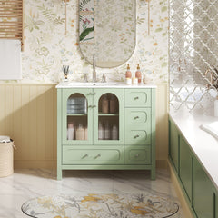 36" Bathroom Cabinet with Waffle Texture Doors, Bathroom Vanity with Four Drawers and Two Soft-Closing Doors, Bathroom Storage with Glass Doors
