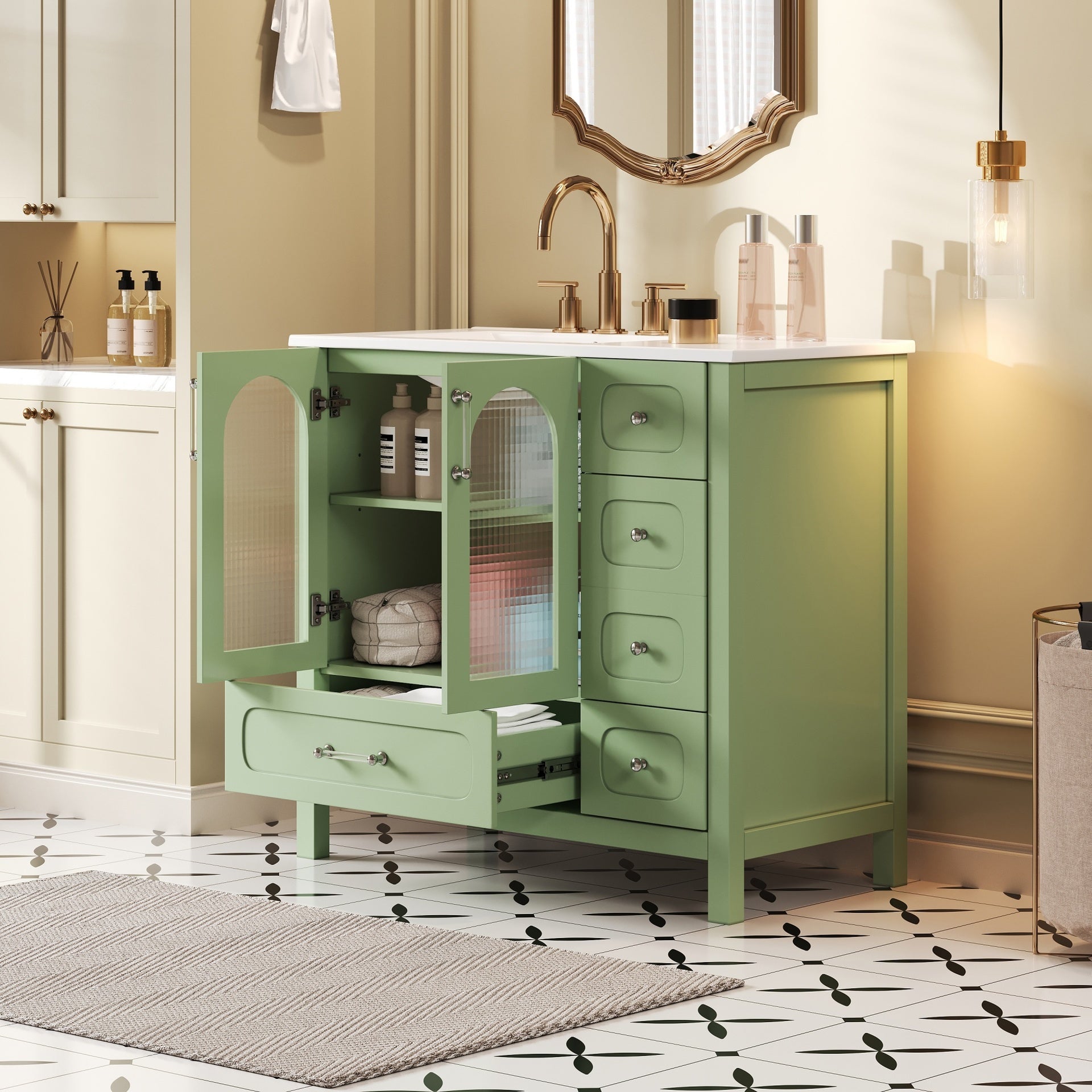 36" Bathroom Cabinet with Waffle Texture Doors, Bathroom Vanity with Four Drawers and Two Soft-Closing Doors, Bathroom Storage with Glass Doors