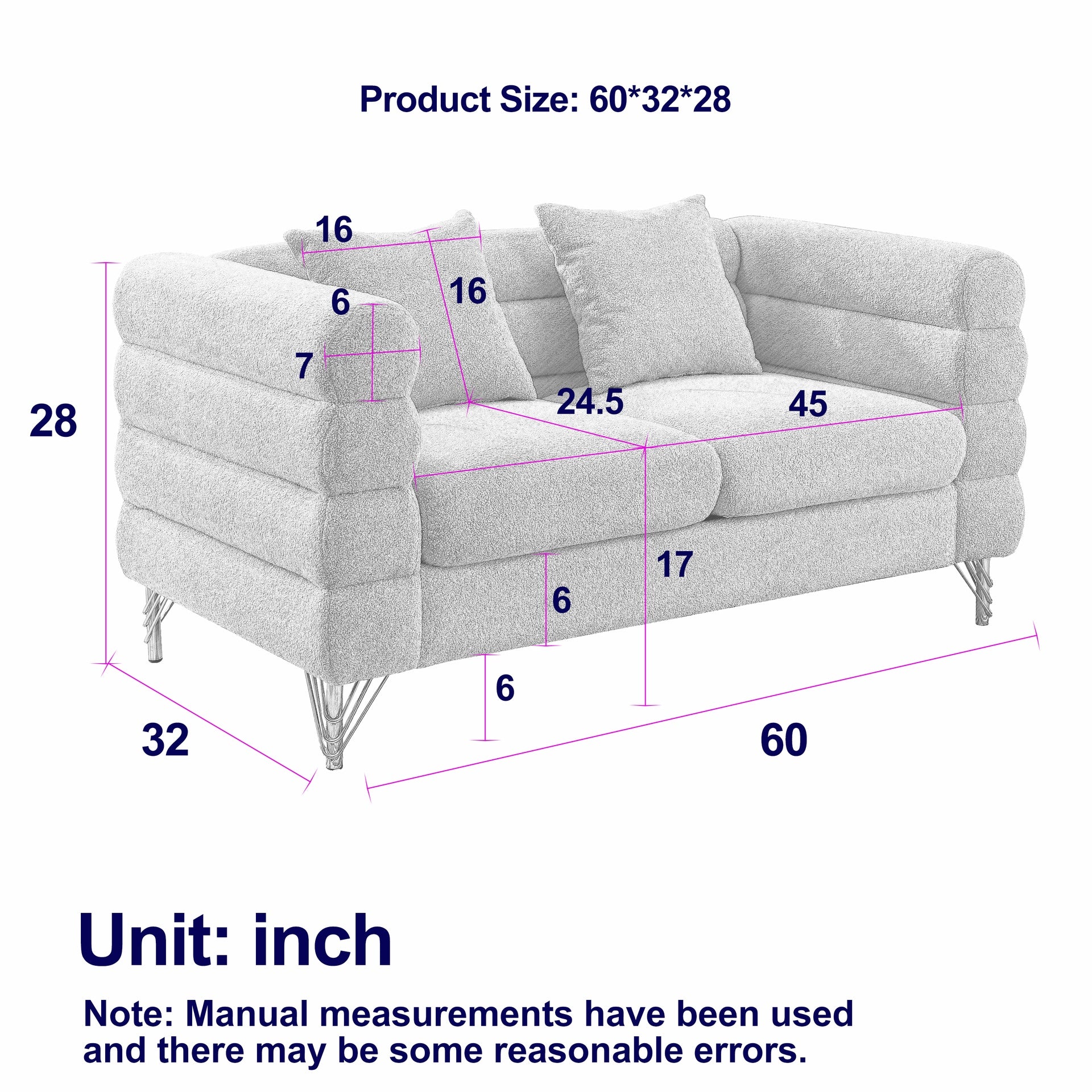 60Inch Oversized 2 Seater Sectional Sofa, Living Room Comfort Fabric Sectional Sofa-Deep Seating Sectional Sofa, Soft Sitting with 2 Pillows for Living Room, Bedroom  White teddy(Ivory)(W834S00029)