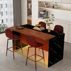 63-inch Modern Kitchen Island Set with 4 Dark Brown Bar Stools - Black Marble Look Surface, LED Lighting & Grill Design for Dining Room, Open Concept Spaces, Lounge(4 Dark Brown Bar Stools)