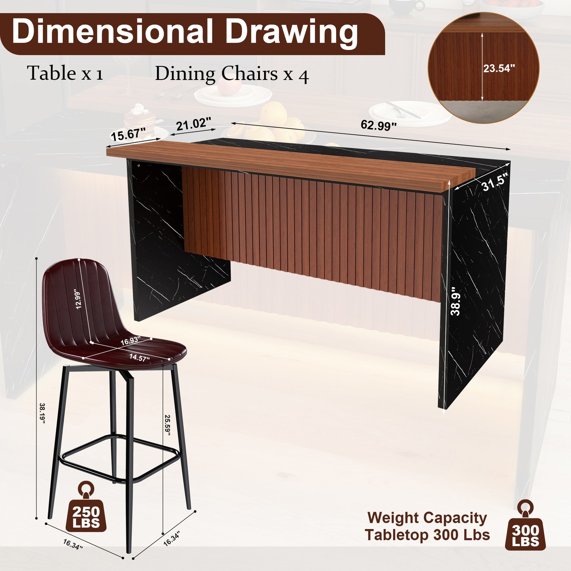 63-inch Modern Kitchen Island Set with 4 Dark Brown Bar Stools - Black Marble Look Surface, LED Lighting & Grill Design for Dining Room, Open Concept Spaces, Lounge(4 Dark Brown Bar Stools)
