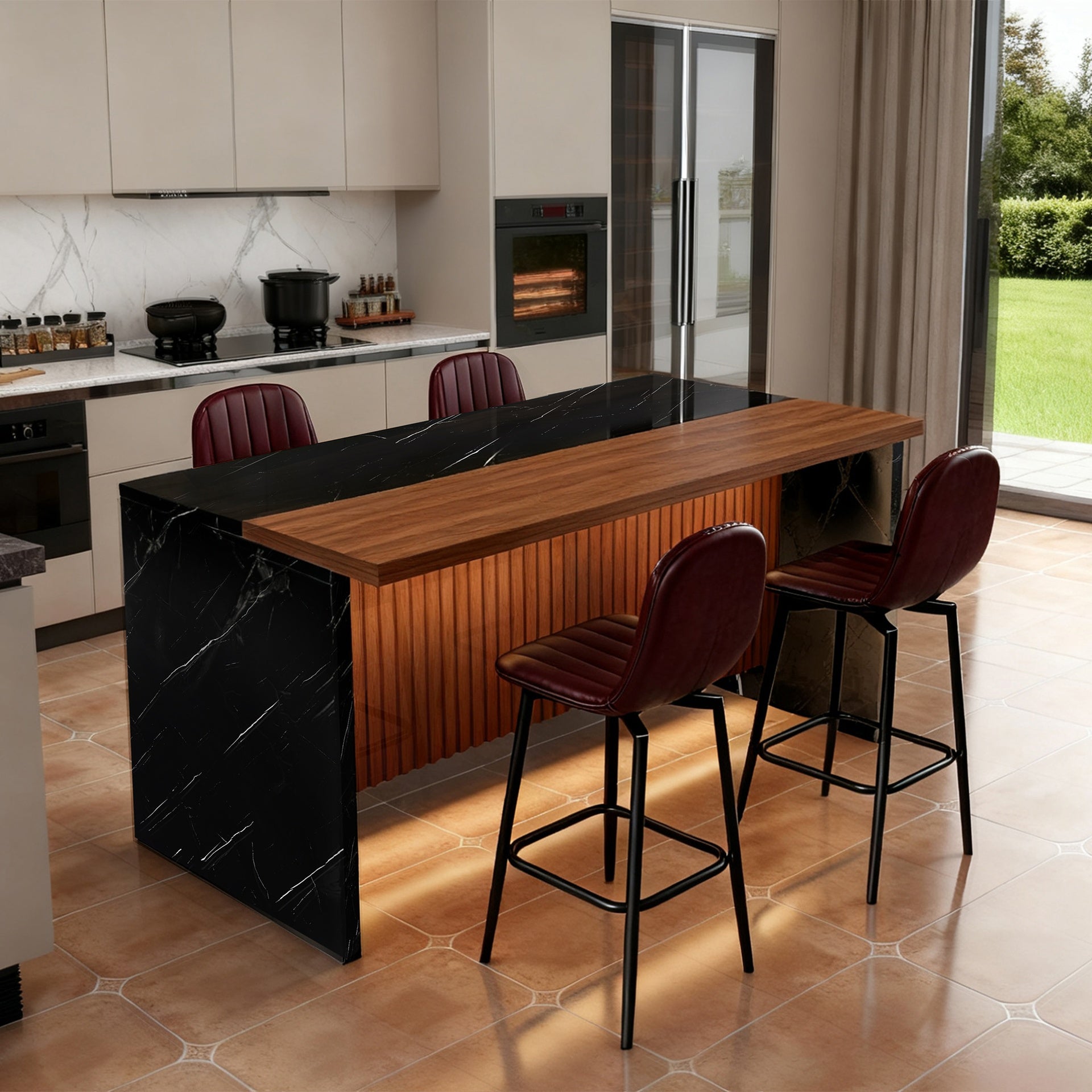 63-inch Modern Kitchen Island Set with 4 Dark Brown Bar Stools - Black Marble Look Surface, LED Lighting & Grill Design for Dining Room, Open Concept Spaces, Lounge(4 Dark Brown Bar Stools)