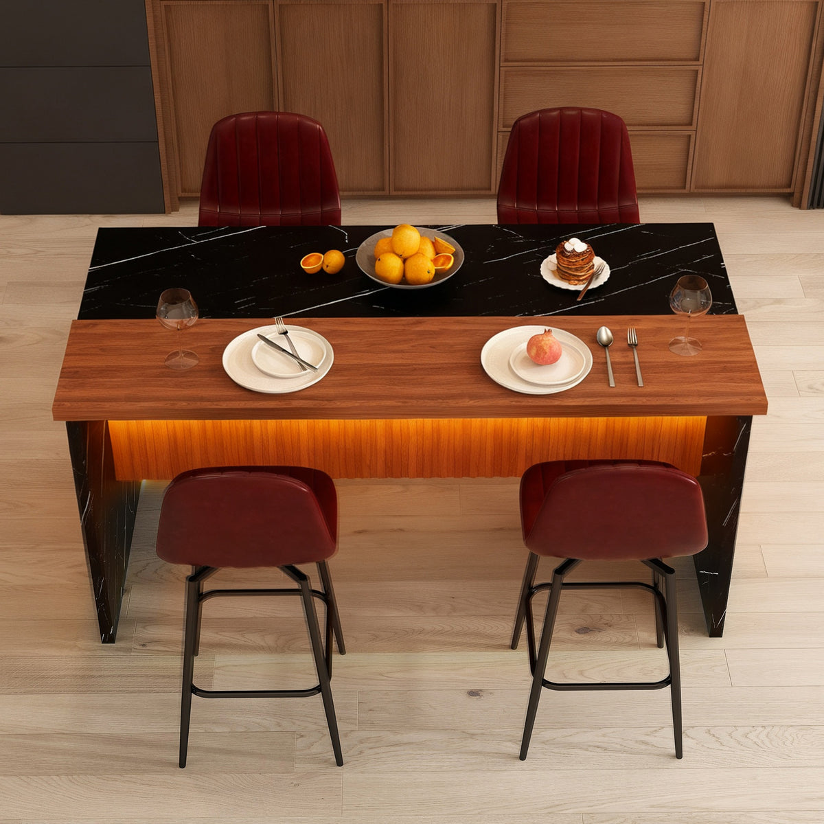 63-inch Modern Kitchen Island Set with 4 Dark Brown Bar Stools - Black Marble Look Surface, LED Lighting & Grill Design for Dining Room, Open Concept Spaces, Lounge(4 Dark Brown Bar Stools)