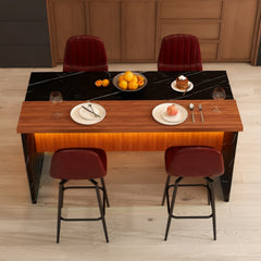 63-inch Modern Kitchen Island Set with 4 Dark Brown Bar Stools - Black Marble Look Surface, LED Lighting & Grill Design for Dining Room, Open Concept Spaces, Lounge(4 Dark Brown Bar Stools)
