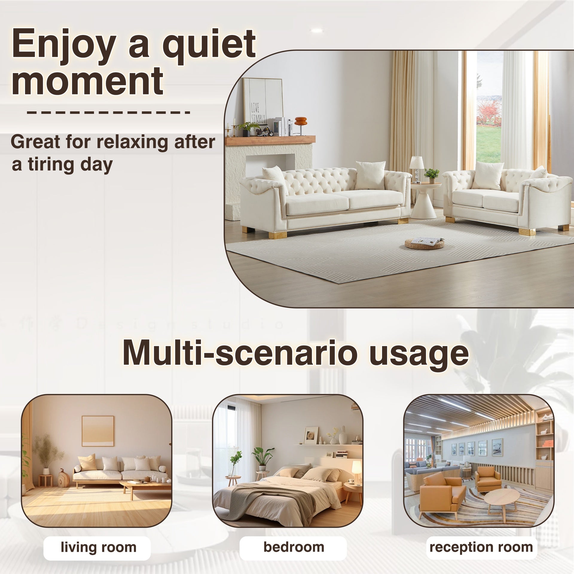 3-Seater + 2-Seater Combination Sofa Chesterfield Classic Rolled Arm Velvet Modern Combination Sofa Suitable for Apartment Living Rooms, Family Living Rooms, and Offices.Beige