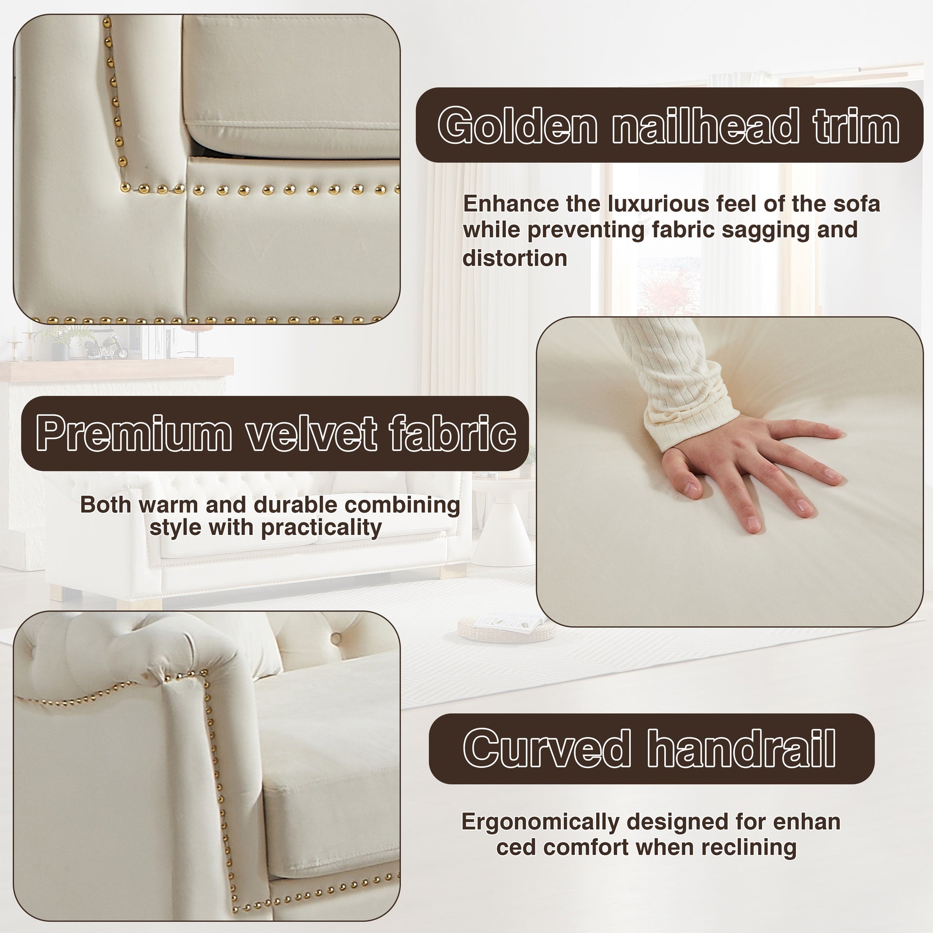 3-Seater + 2-Seater Combination Sofa Chesterfield Classic Rolled Arm Velvet Modern Combination Sofa Suitable for Apartment Living Rooms, Family Living Rooms, and Offices.Beige