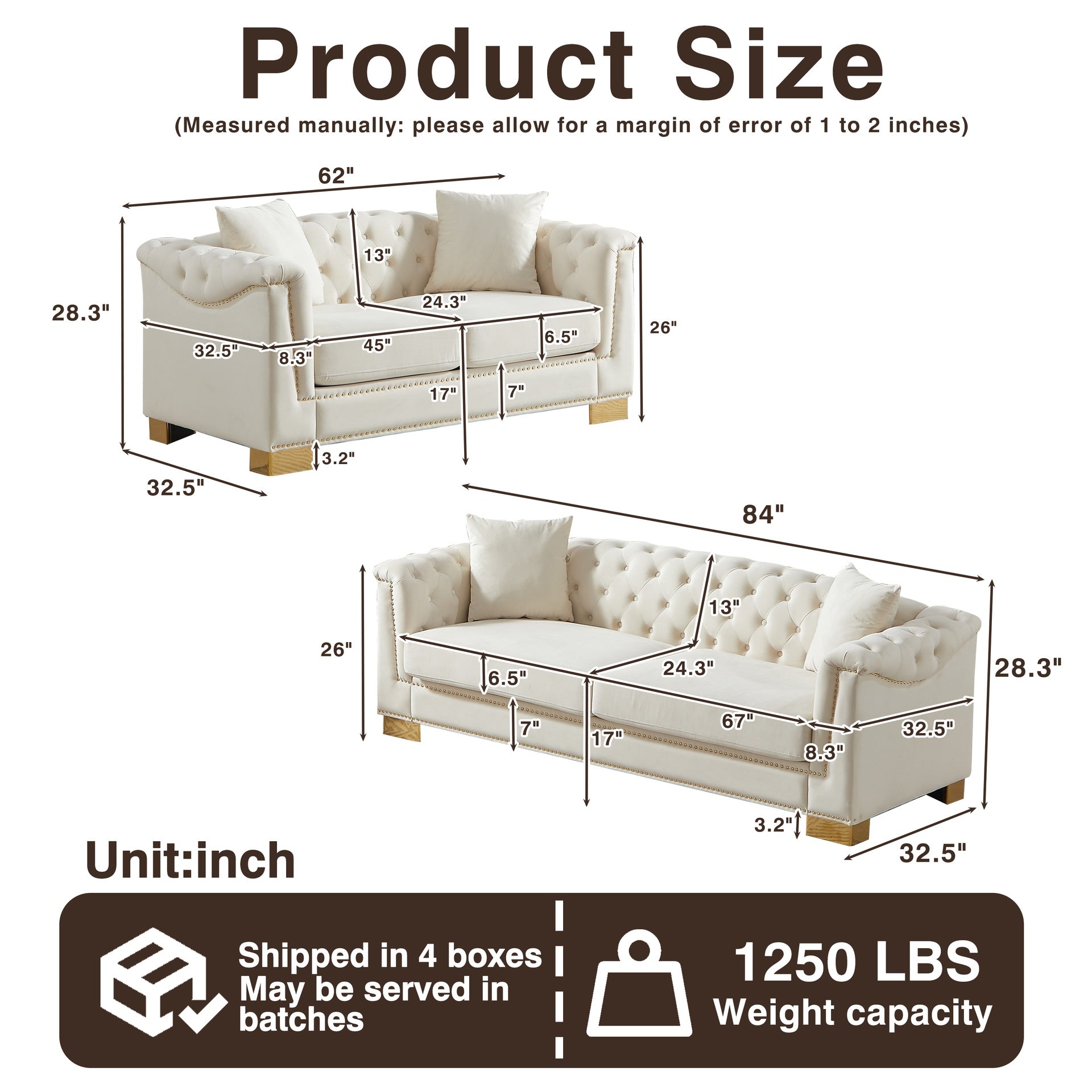 3-Seater + 2-Seater Combination Sofa Chesterfield Classic Rolled Arm Velvet Modern Combination Sofa Suitable for Apartment Living Rooms, Family Living Rooms, and Offices.Beige
