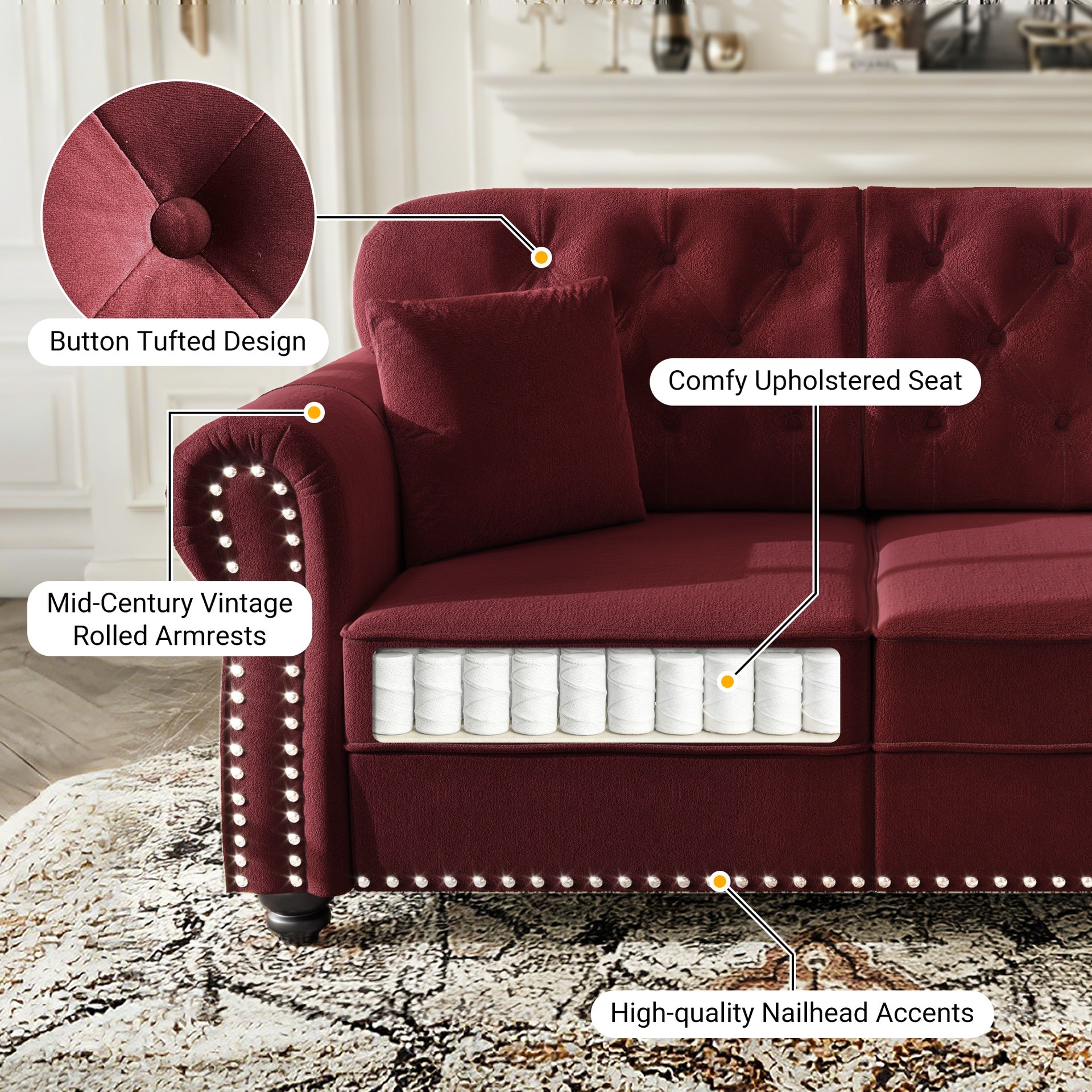 Upholstered Velvet Sofa with Nailhead Trim and Rolled Armrests,Mid-Century Modern Chesterfield Sofa with Button Tufted,Includes 1 ottoman,Burgundy