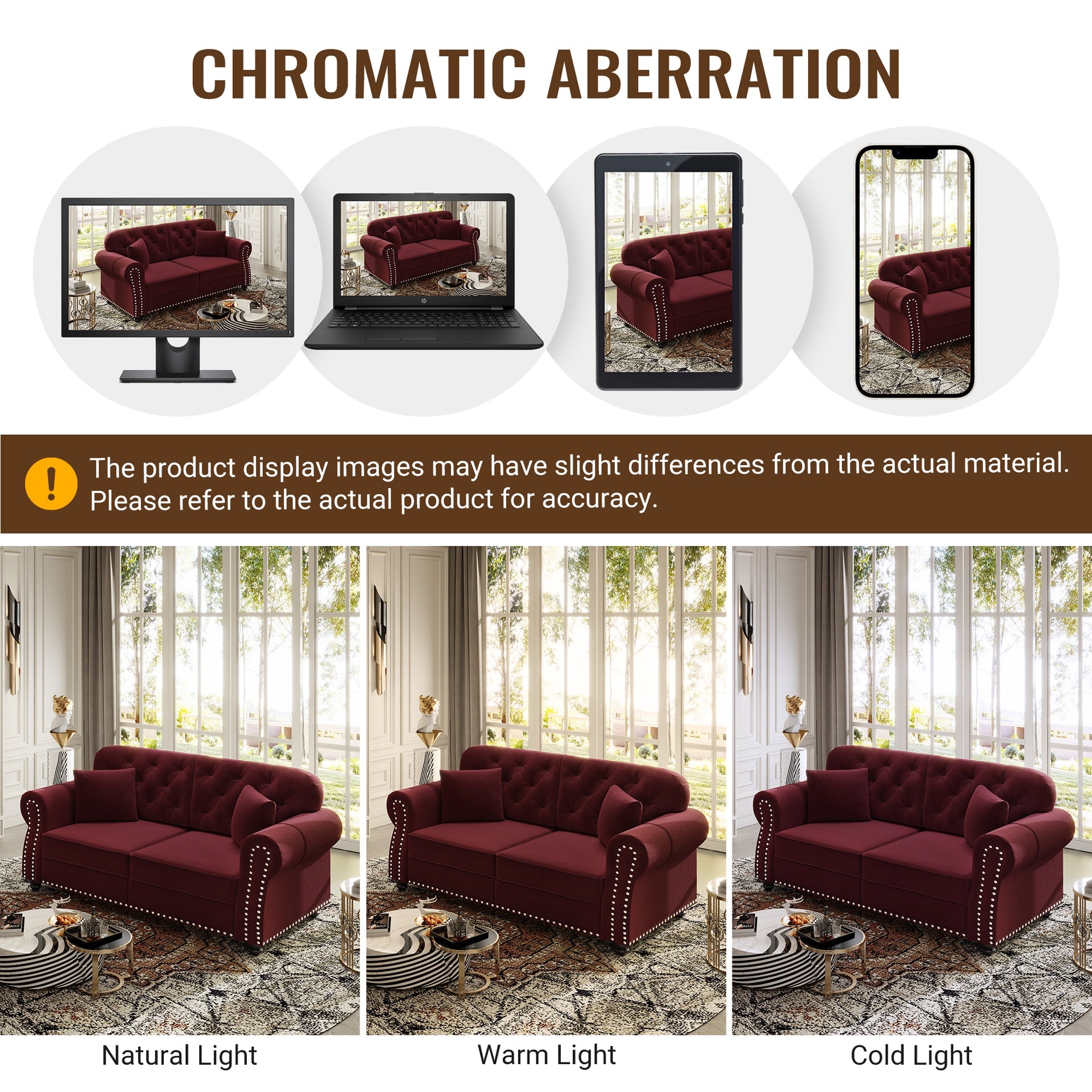 Upholstered Velvet Sofa with Nailhead Trim and Rolled Armrests,Mid-Century Modern Chesterfield Sofa with Button Tufted,Includes 1 ottoman,Burgundy