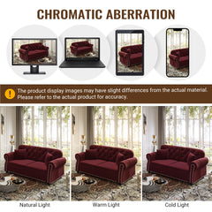 Upholstered Velvet Sofa with Nailhead Trim and Rolled Armrests,Mid-Century Modern Chesterfield Sofa with Button Tufted,Includes 1 ottoman,Burgundy