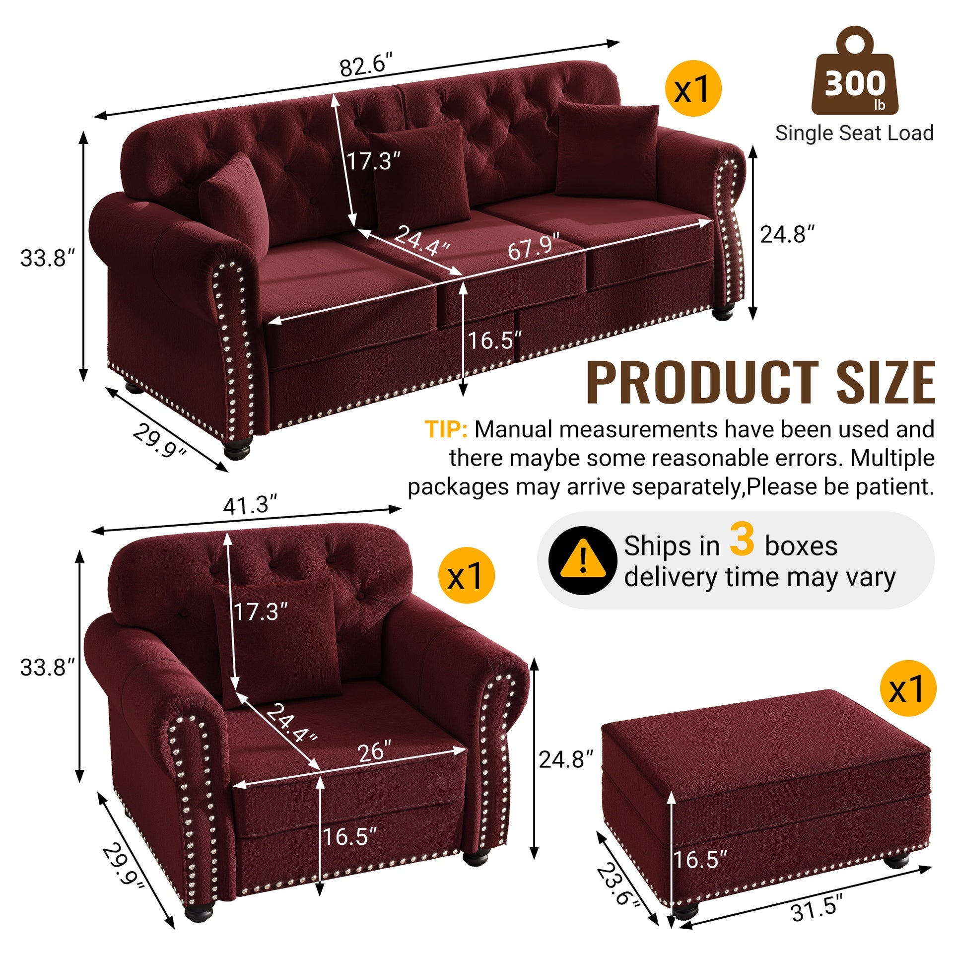Upholstered Velvet Sofa with Nailhead Trim and Rolled Armrests,Mid-Century Modern Chesterfield Sofa with Button Tufted,Includes 1 ottoman,Burgundy