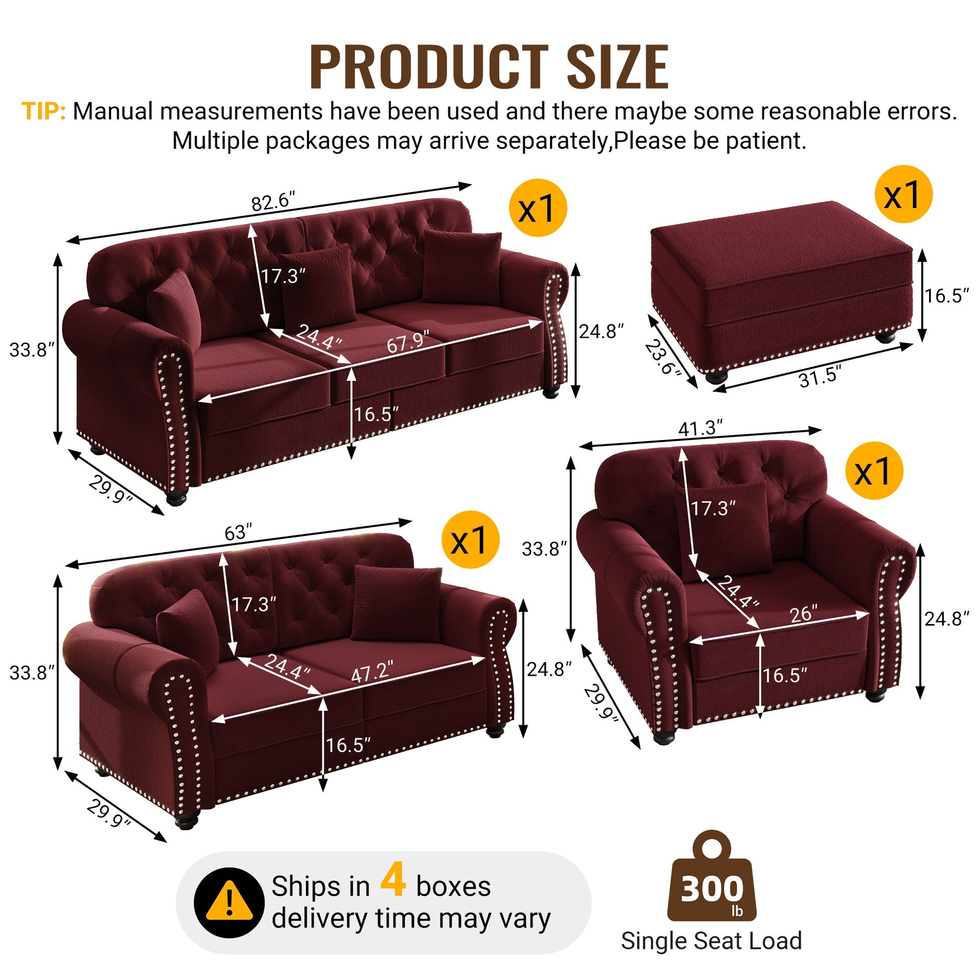Upholstered Velvet Sofa with Nailhead Trim and Rolled Armrests,Mid-Century Modern Chesterfield Sofa with Button Tufted,Includes 1 ottoman,Burgundy