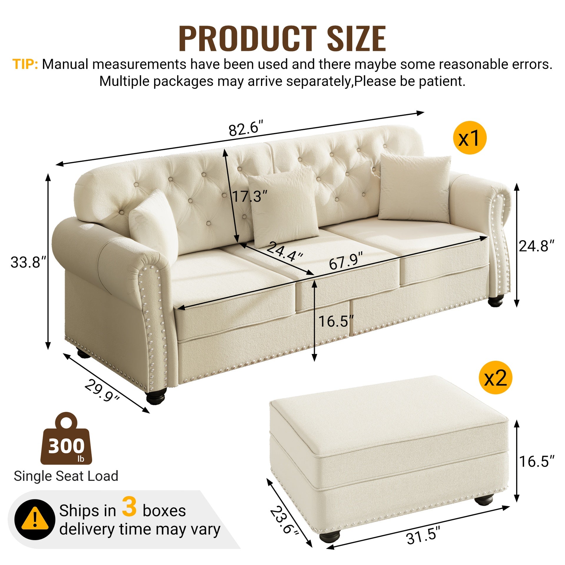 82.6"Upholstered Velvet Sofa with Nailhead Trim and Rolled Armrests,Mid-Century Modern Chesterfield Sofa with Button Tufted,Includes 3 Pillows,Beige/White