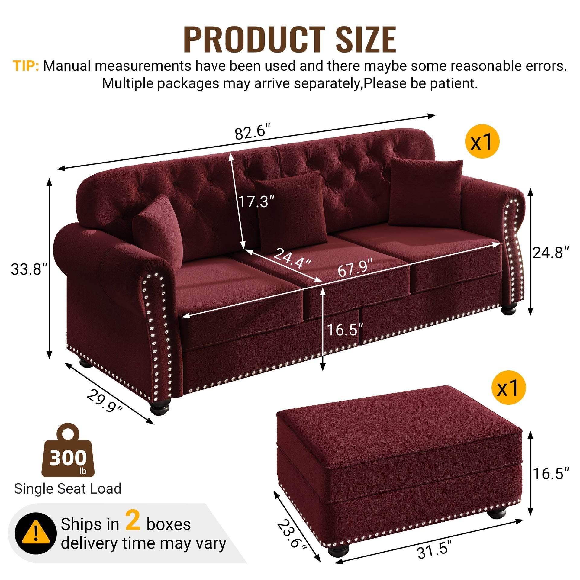 82.6"Upholstered Velvet Sofa with Nailhead Trim and Rolled Armrests,Mid-Century Modern Chesterfield Sofa with Button Tufted,Includes 3 Pillows,Burgundy
