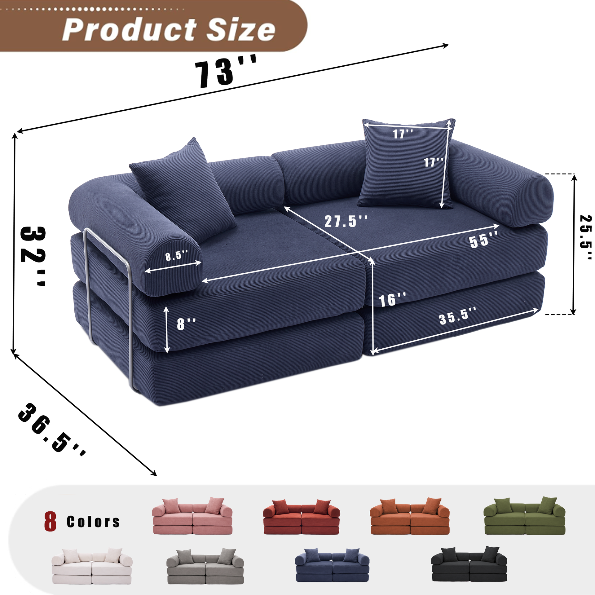 Modular Couch Sofa Bed for Apartment,Convertible Sofa Bed,Fixed-Shape Frame & Removable Armrests,Folding Mattress Couch for Small Spaces ,No Assembly ,Corduroy,Blue