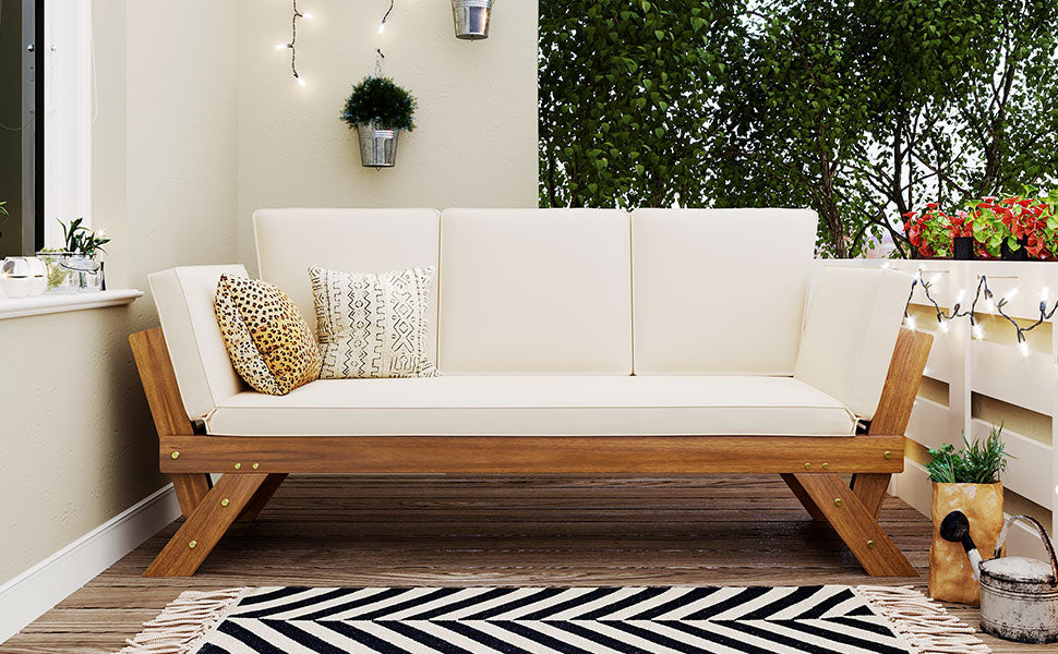 TOPMAX Outdoor Adjustable Patio Wooden Daybed Sofa Chaise Lounge with Cushions for Small Places, Natural Finish+Beige Cushion