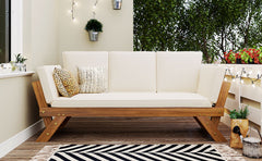 TOPMAX Outdoor Adjustable Patio Wooden Daybed Sofa Chaise Lounge with Cushions for Small Places, Natural Finish+Beige Cushion