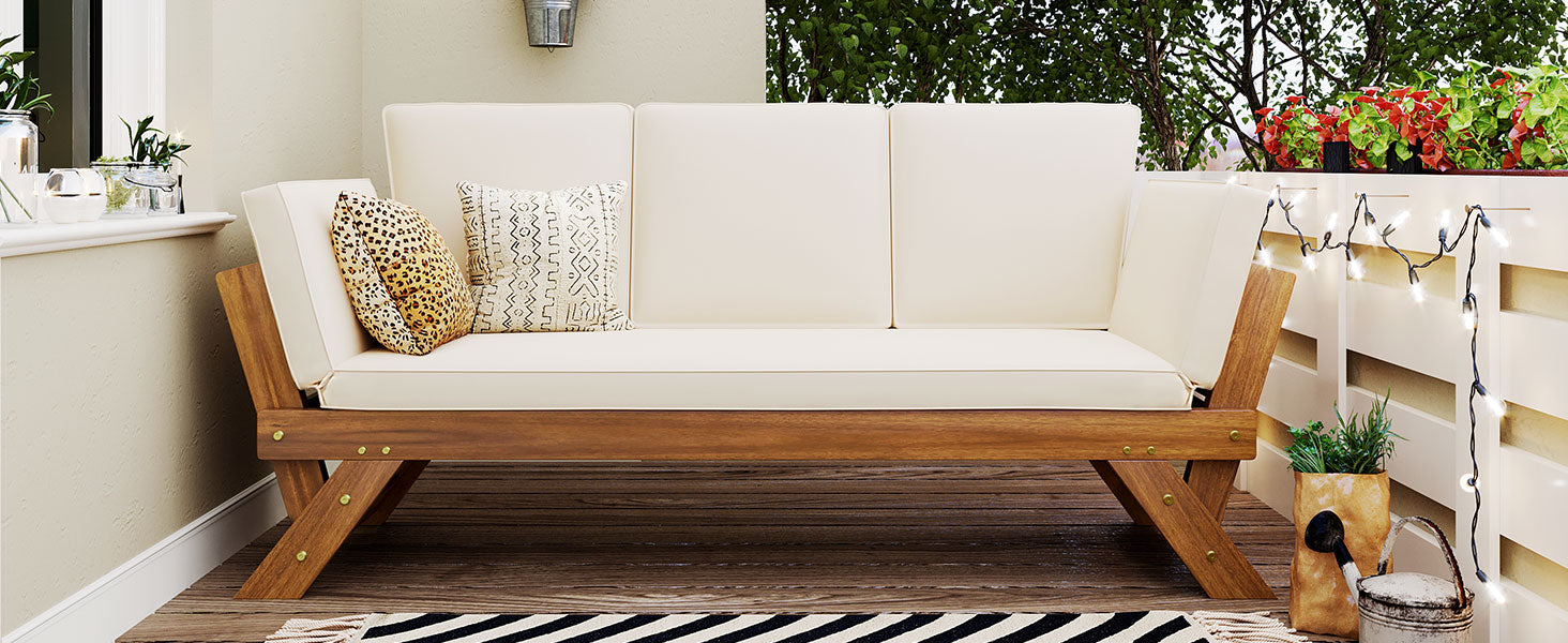 TOPMAX Outdoor Adjustable Patio Wooden Daybed Sofa Chaise Lounge with Cushions for Small Places, Natural Finish+Beige Cushion