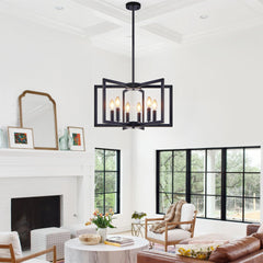 22" Modern Black Geometric 6-Light Chandelier – Industrial Metal Pendant Light Fixture for Living Room, Dining Room, or Kitchen (Bulb Not Included)
