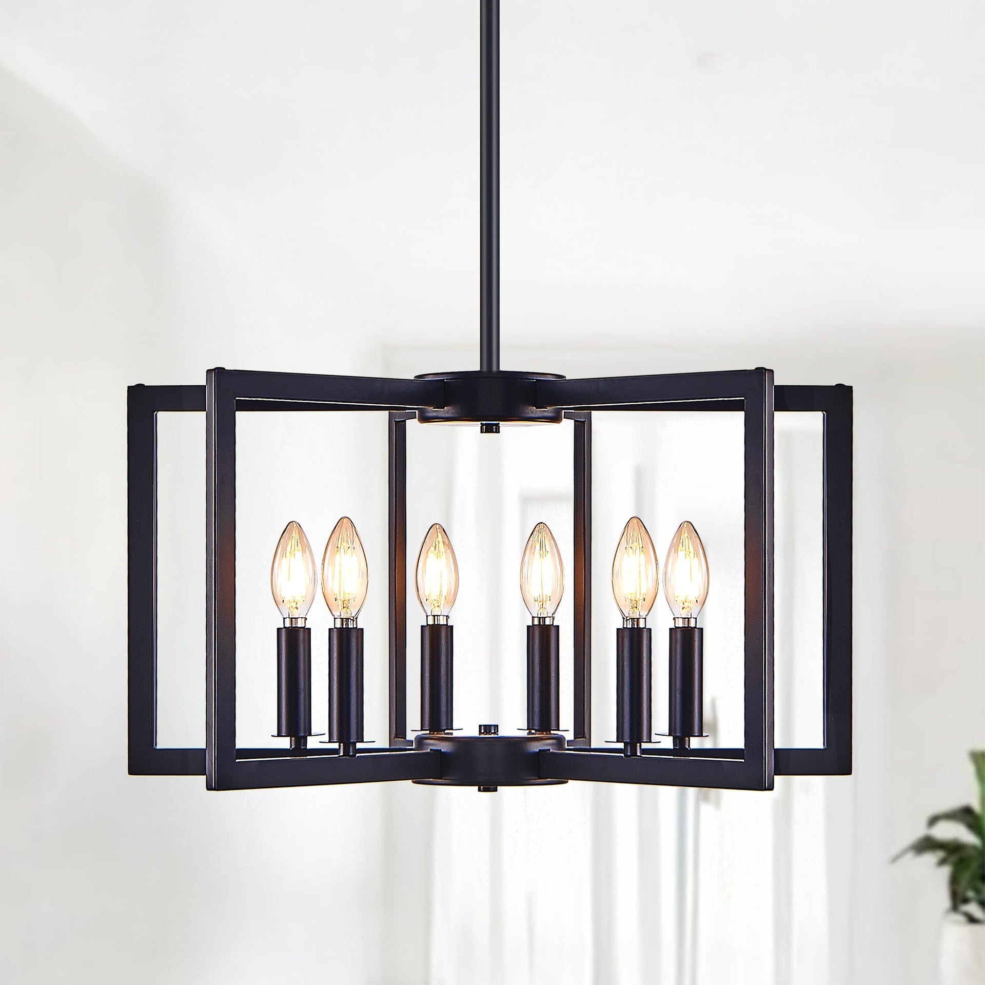 22" Modern Black Geometric 6-Light Chandelier – Industrial Metal Pendant Light Fixture for Living Room, Dining Room, or Kitchen (Bulb Not Included)