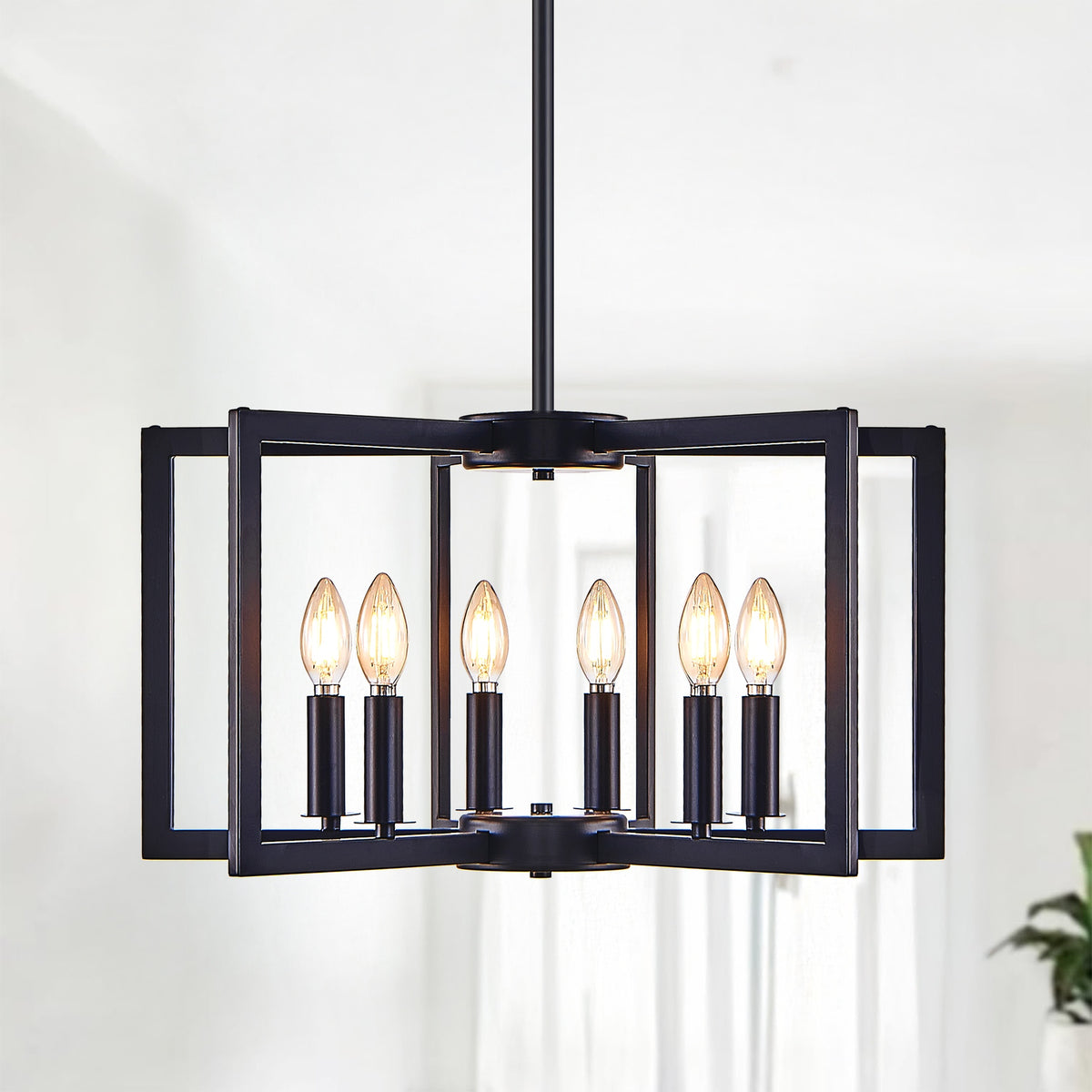 22" Modern Black Geometric 6-Light Chandelier – Industrial Metal Pendant Light Fixture for Living Room, Dining Room, or Kitchen (Bulb Not Included)