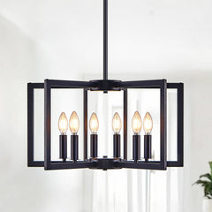 22" Modern Black Geometric 6-Light Chandelier – Industrial Metal Pendant Light Fixture for Living Room, Dining Room, or Kitchen (Bulb Not Included)