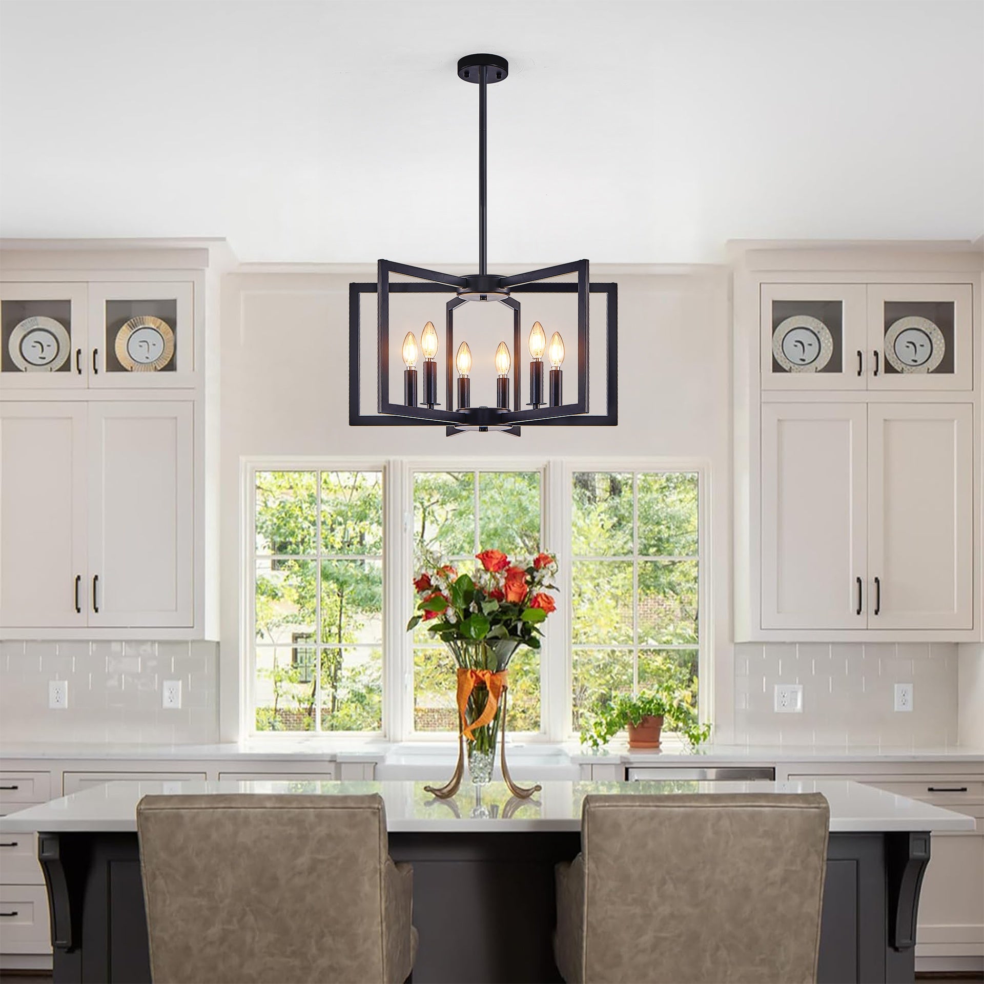 22" Modern Black Geometric 6-Light Chandelier – Industrial Metal Pendant Light Fixture for Living Room, Dining Room, or Kitchen (Bulb Not Included)