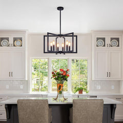 22" Modern Black Geometric 6-Light Chandelier – Industrial Metal Pendant Light Fixture for Living Room, Dining Room, or Kitchen (Bulb Not Included)