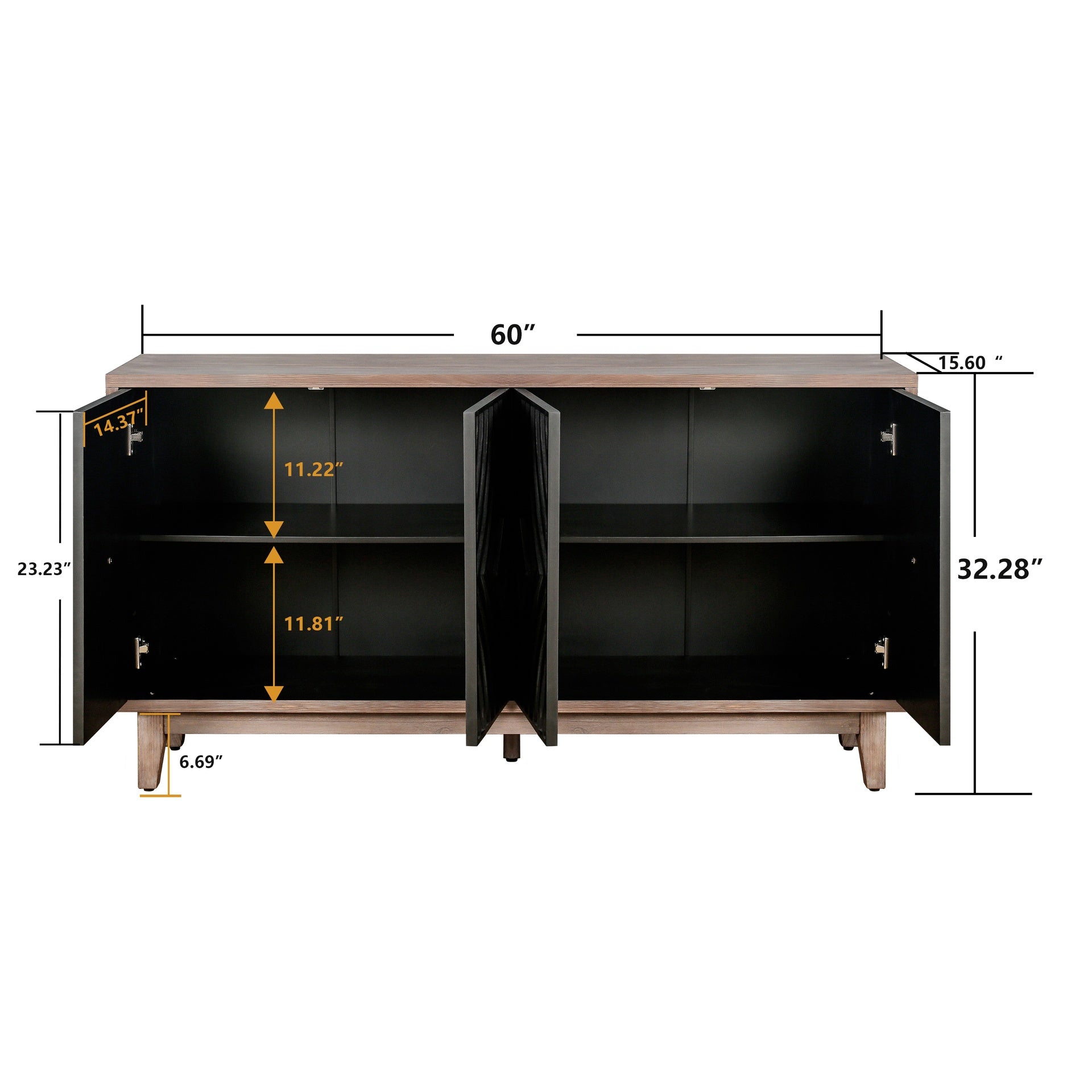 Mid Century Sideboard Buffet Cabinet with Solid Wood Legs 60" Kitchen Storage Cabinet Credenza with 4 Convex pattern diamond Doors and 2 Shelves Accent Console Table for Living Room Entrance Hall etc