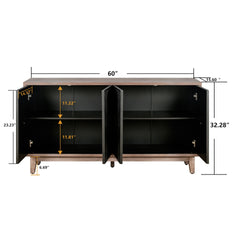 Mid Century Sideboard Buffet Cabinet with Solid Wood Legs 60" Kitchen Storage Cabinet Credenza with 4 Convex pattern diamond Doors and 2 Shelves Accent Console Table for Living Room Entrance Hall etc