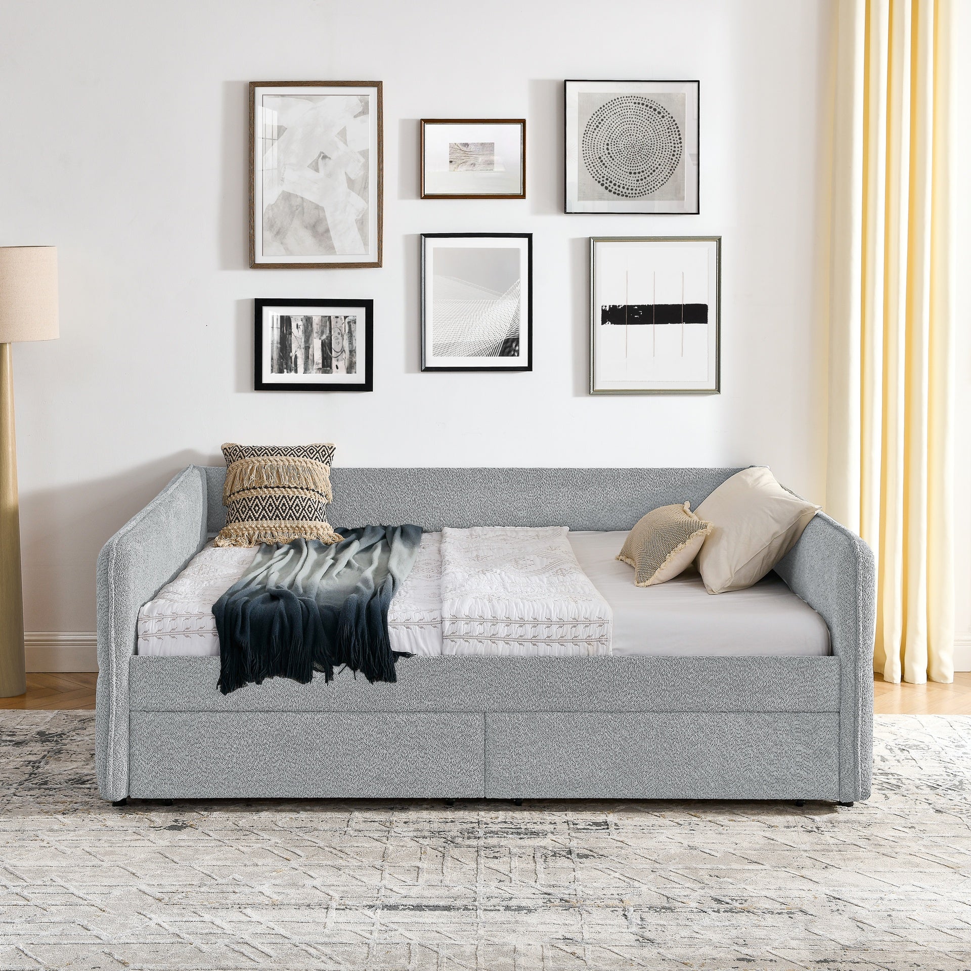 Daybed with Trundle Upholstered Tufted Sofa Bed, with Two Drawers, Queen Size, Boucle Fabric, Grey(88"x65.5"x29.5")