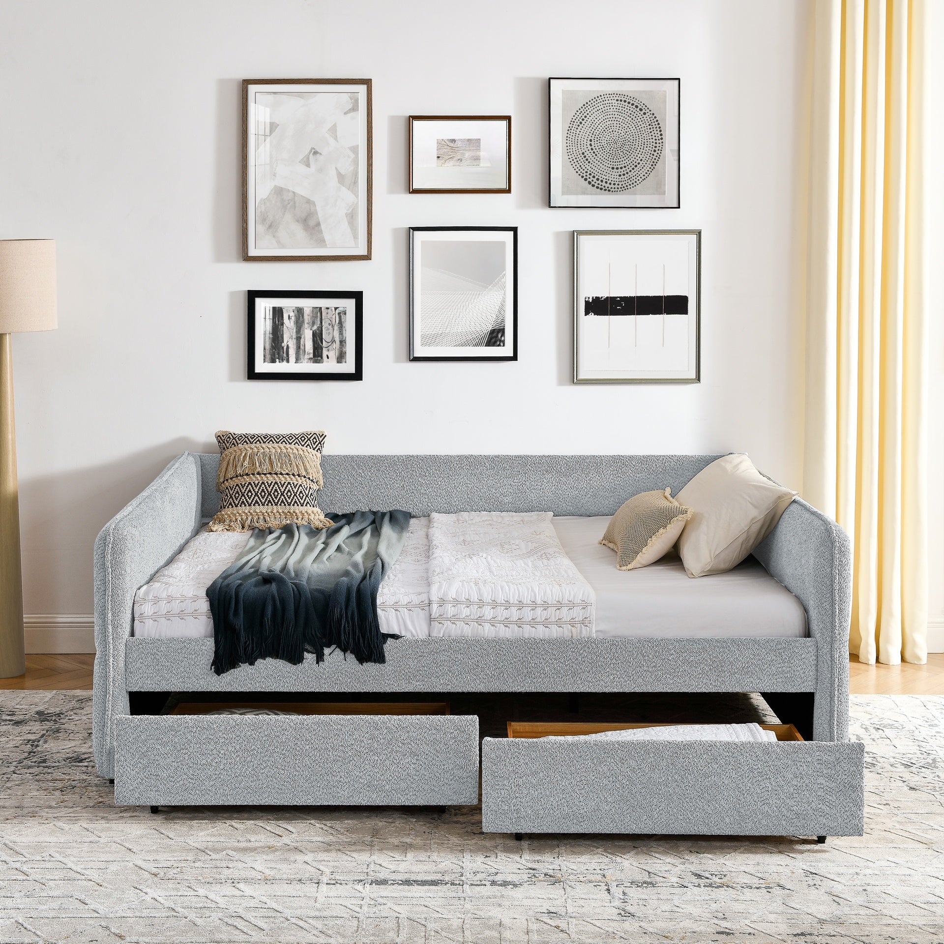 Daybed with Trundle Upholstered Tufted Sofa Bed, with Two Drawers, Queen Size, Boucle Fabric, Grey(88"x65.5"x29.5")