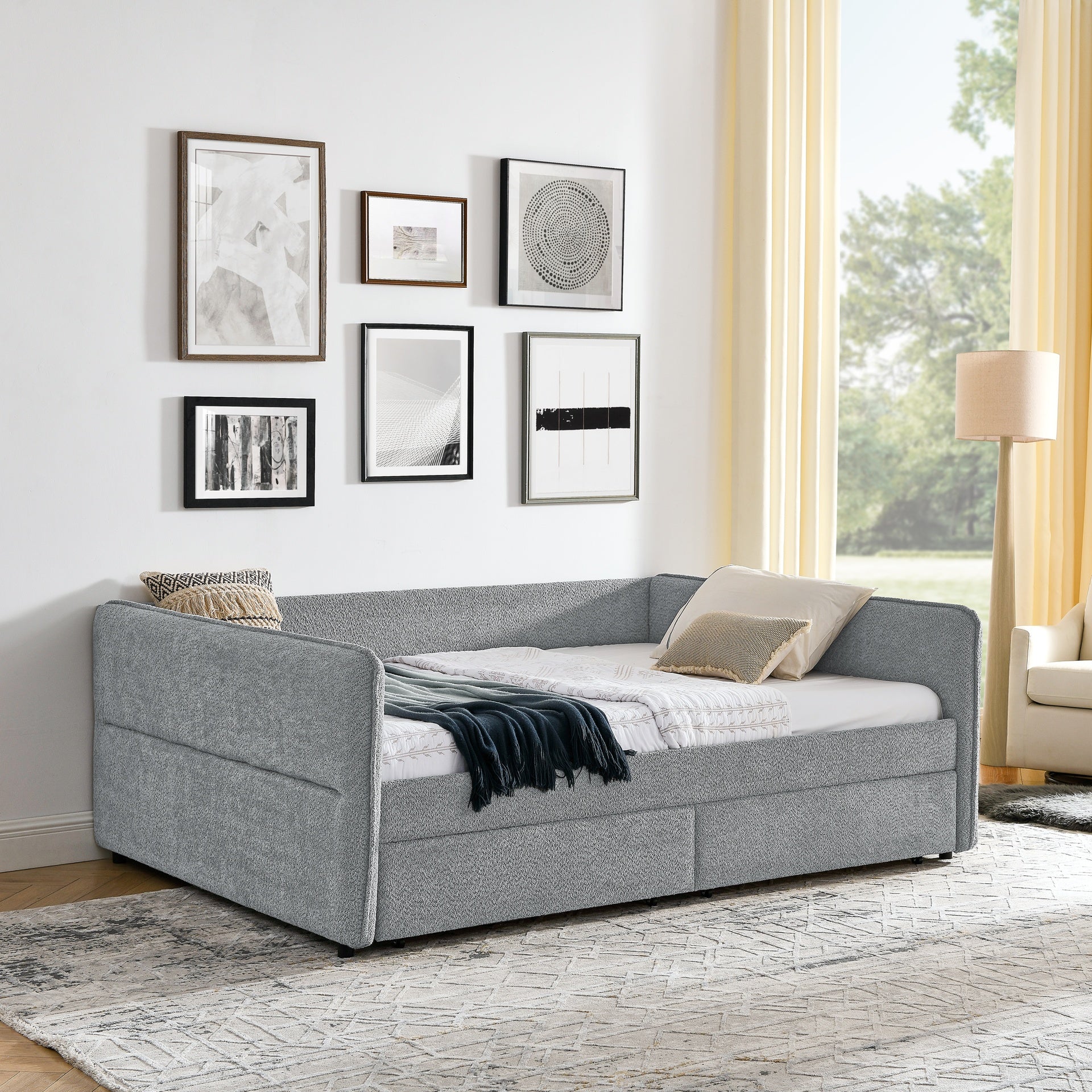 Daybed with Trundle Upholstered Tufted Sofa Bed, with Two Drawers, Queen Size, Boucle Fabric, Grey(88"x65.5"x29.5")