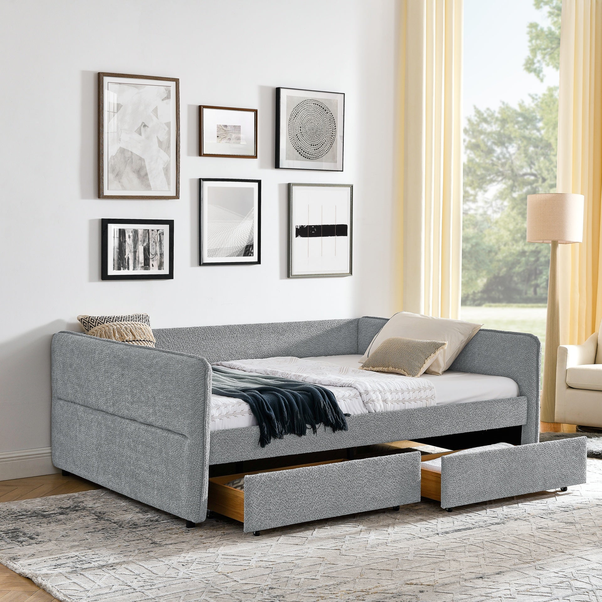 Daybed with Trundle Upholstered Tufted Sofa Bed, with Two Drawers, Queen Size, Boucle Fabric, Grey(88"x65.5"x29.5")
