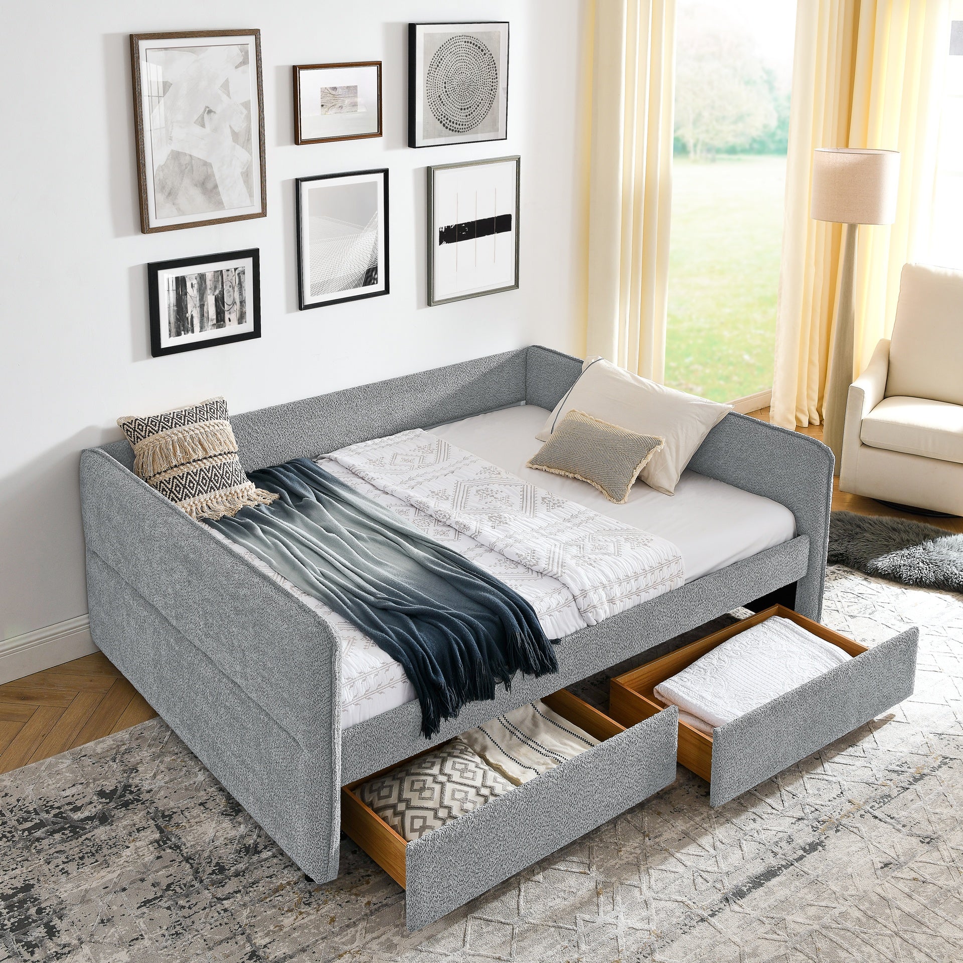 Daybed with Trundle Upholstered Tufted Sofa Bed, with Two Drawers, Queen Size, Boucle Fabric, Grey(88"x65.5"x29.5")