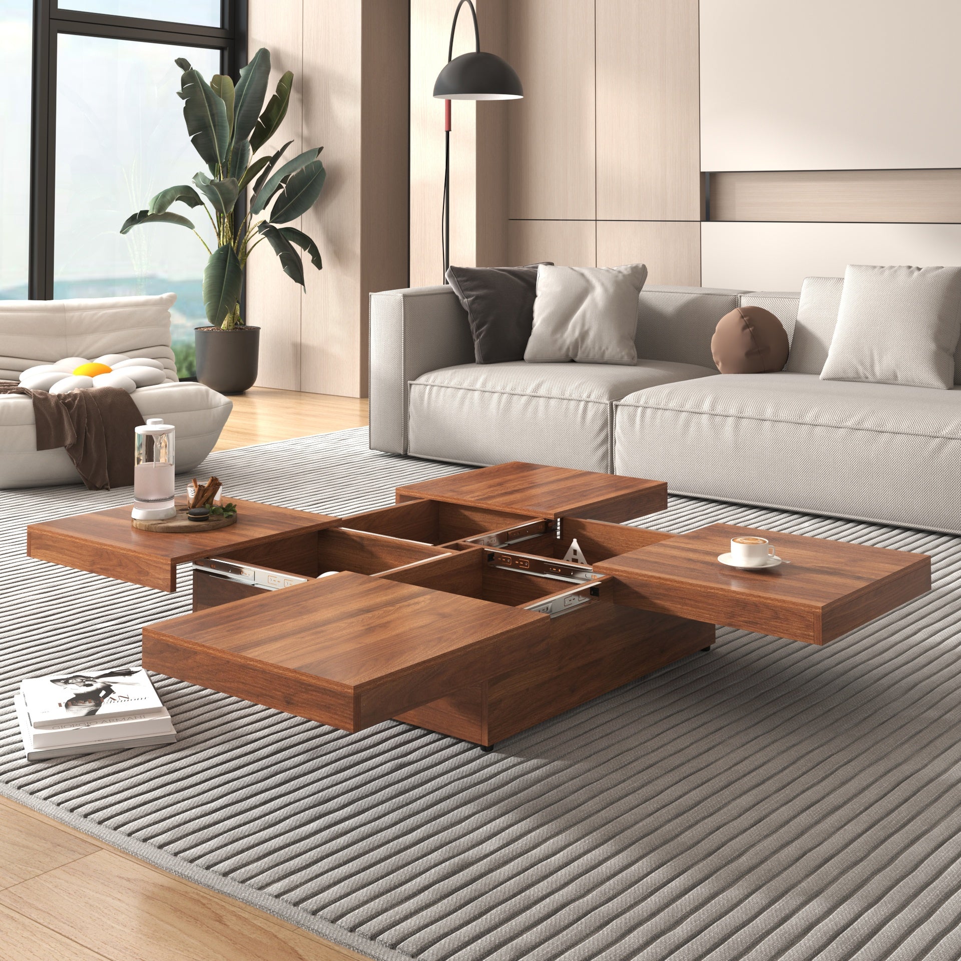 Square Veneer Coffee Table Sliding Top with Storage in Walnut 39.4''