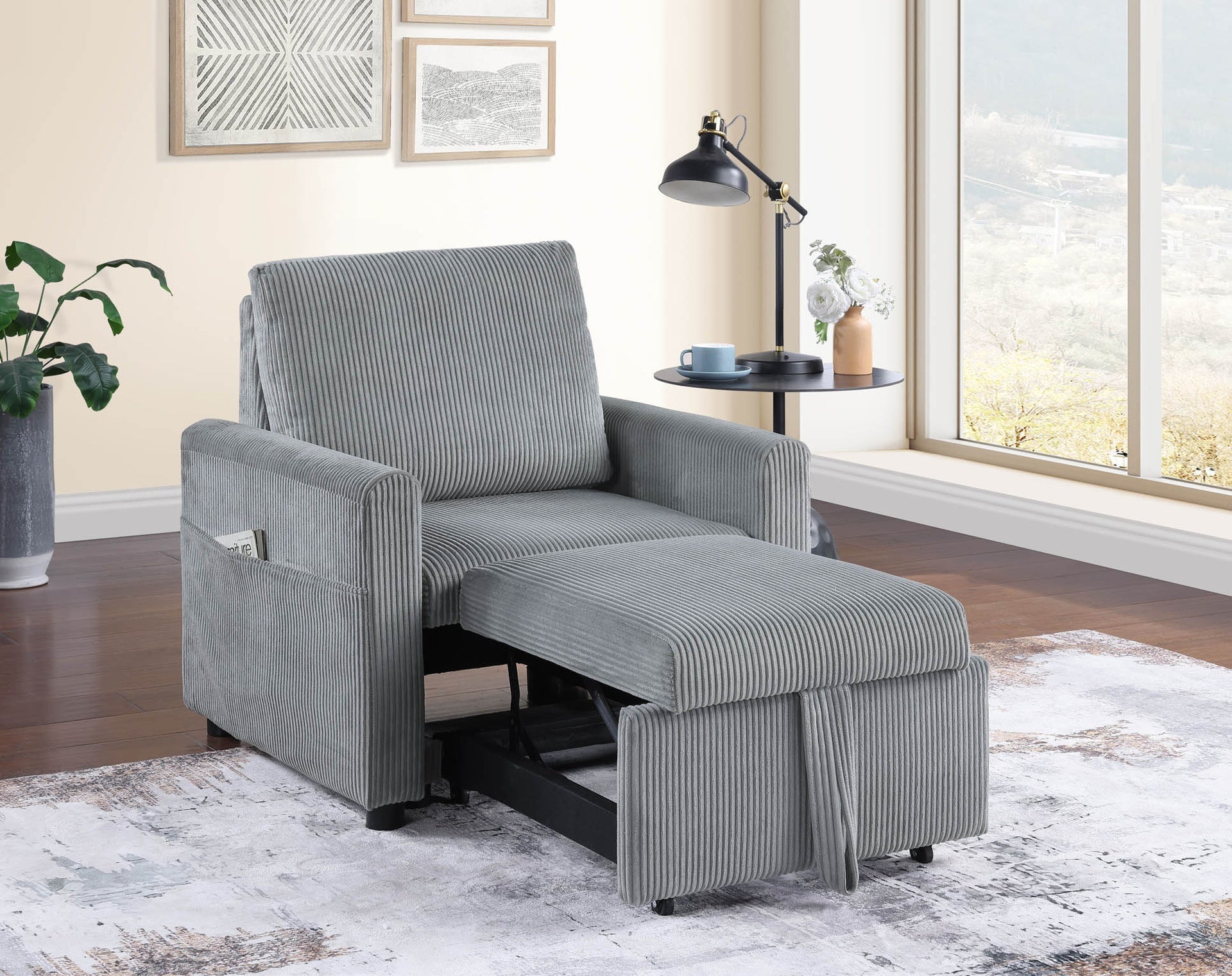 Oswin 32.5"W Gray Corduroy Armchair with Pull-Out Chaise and Side Pocket