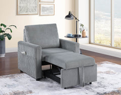 Oswin 32.5"W Gray Corduroy Armchair with Pull-Out Chaise and Side Pocket