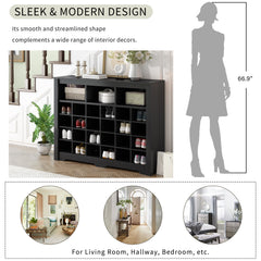 ON-TREND Sleek Design 24 Shoe Cubby Console, Modern Shoe Cabinet with Curved Base, Versatile Sideboard with High-quality for Hallway, Bedroom, Living Room, Black