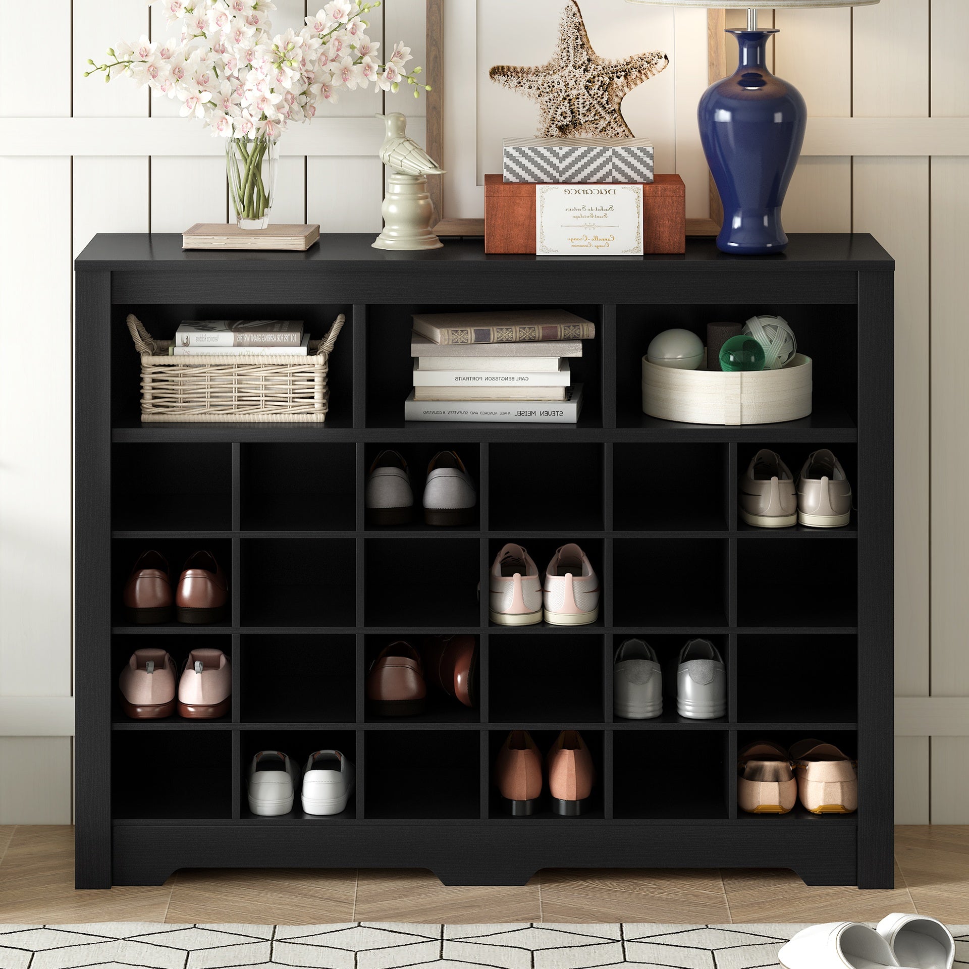 ON-TREND Sleek Design 24 Shoe Cubby Console, Modern Shoe Cabinet with Curved Base, Versatile Sideboard with High-quality for Hallway, Bedroom, Living Room, Black