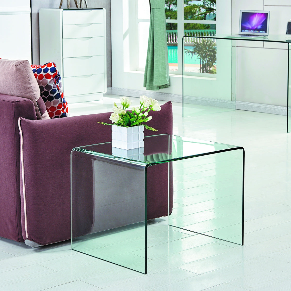 Transparent End Table,Tempered Clear Bent Glass SideTable