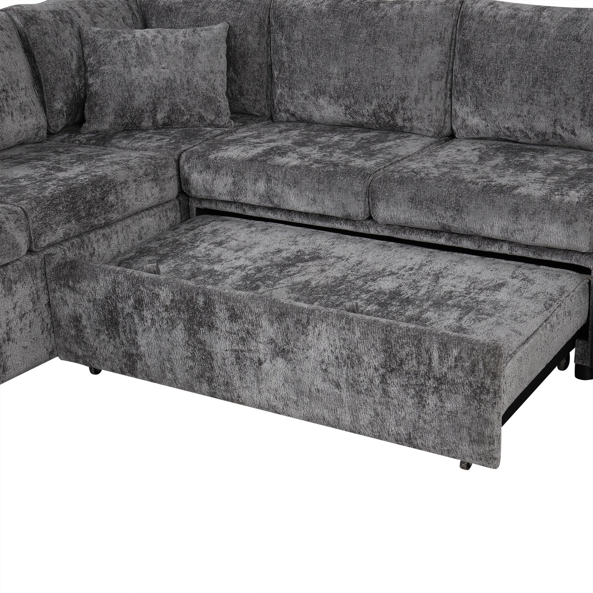 112.2" Sectional Sofa Pull-out Sofa Bed Sleeper with a Storage Ottoman,Three Pillows and Charging Devices for Living Room, Grey