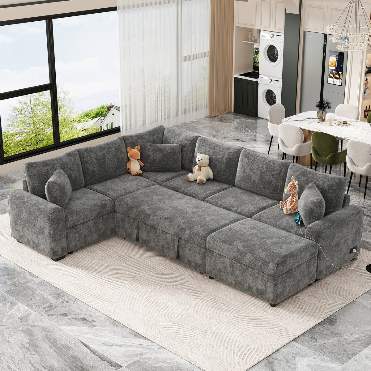 112.2" Sectional Sofa Pull-out Sofa Bed Sleeper with a Storage Ottoman,Three Pillows and Charging Devices for Living Room, Grey