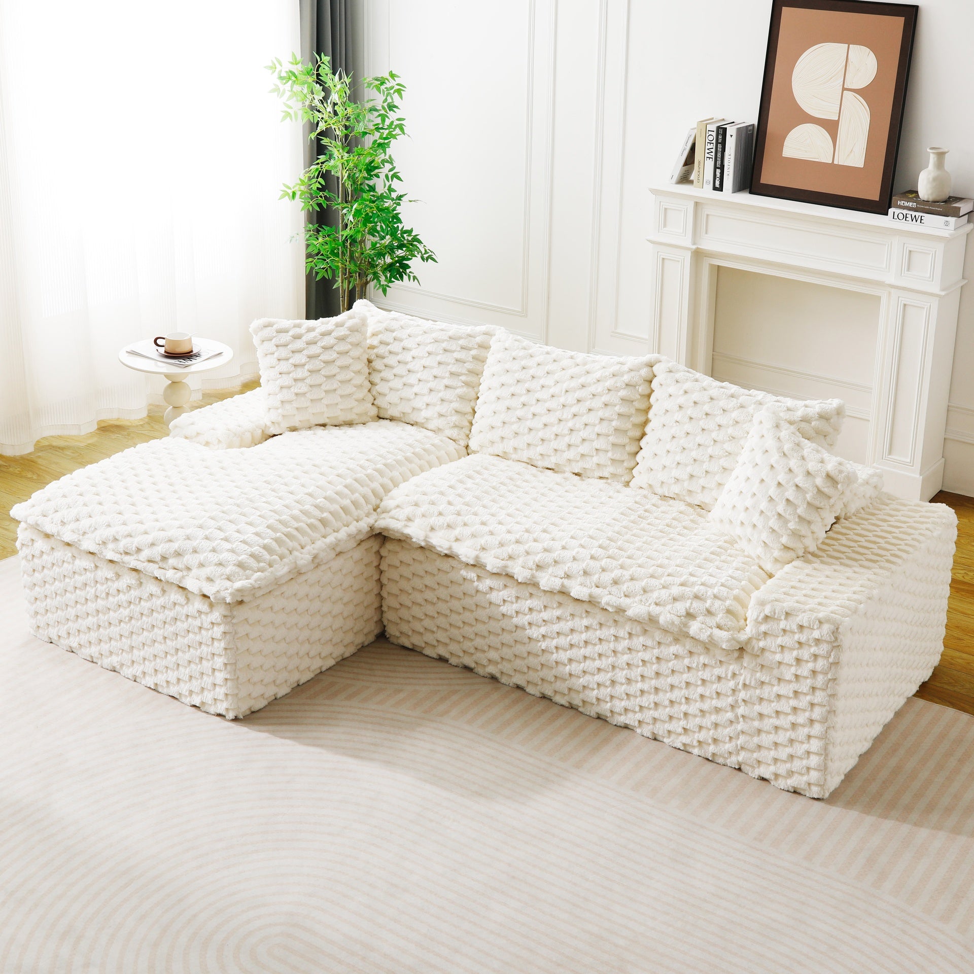 White Turtle Velvet Versatile Sofa: Convertible Twin-Seat with Left Chaise Lounge (Left Reclining Chaise for Lounging Comfort), Featuring Face-to-Face Seating, Switchable Between L-Shape and Straight