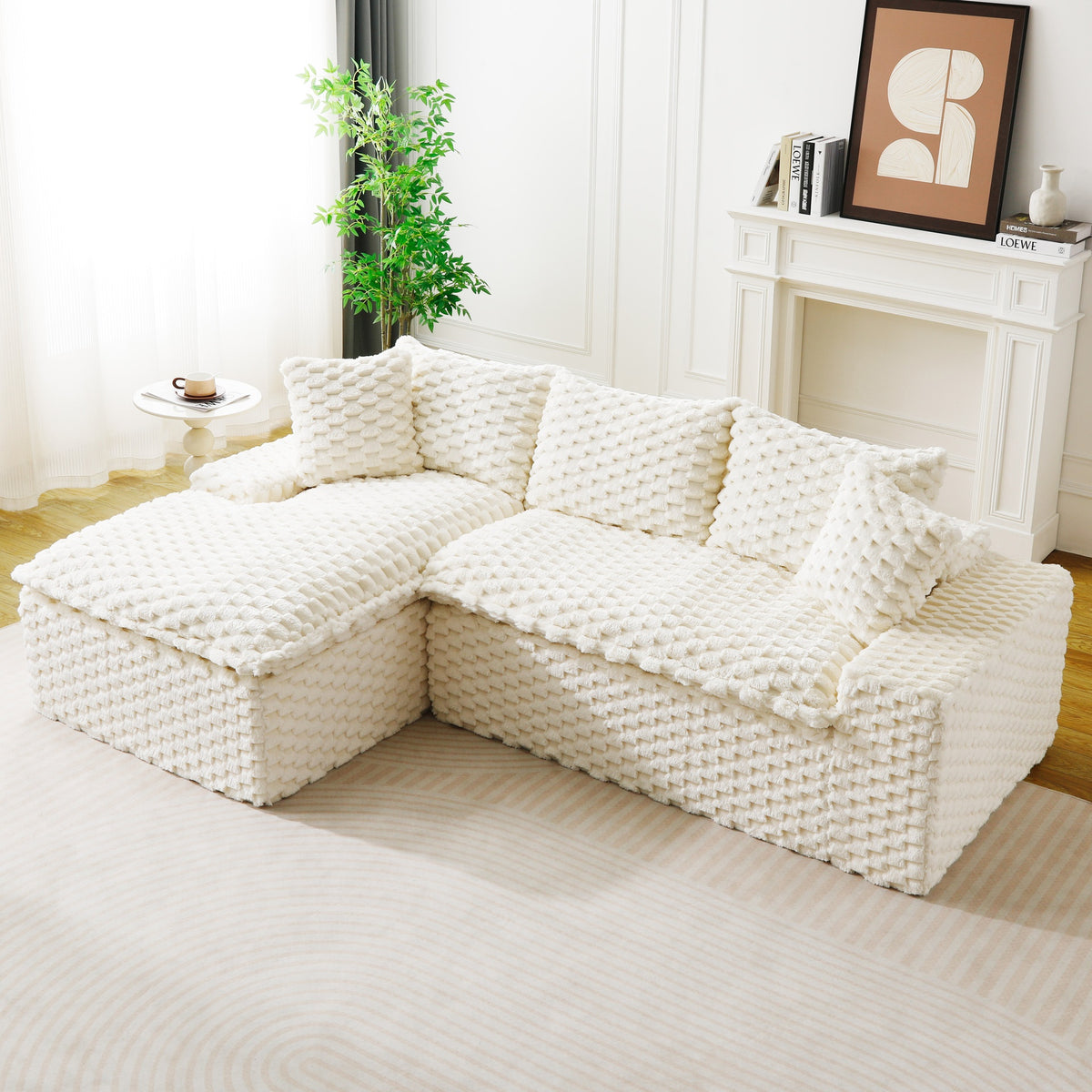 White Turtle Velvet Versatile Sofa: Convertible Twin-Seat with Left Chaise Lounge (Left Reclining Chaise for Lounging Comfort), Featuring Face-to-Face Seating, Switchable Between L-Shape and Straight