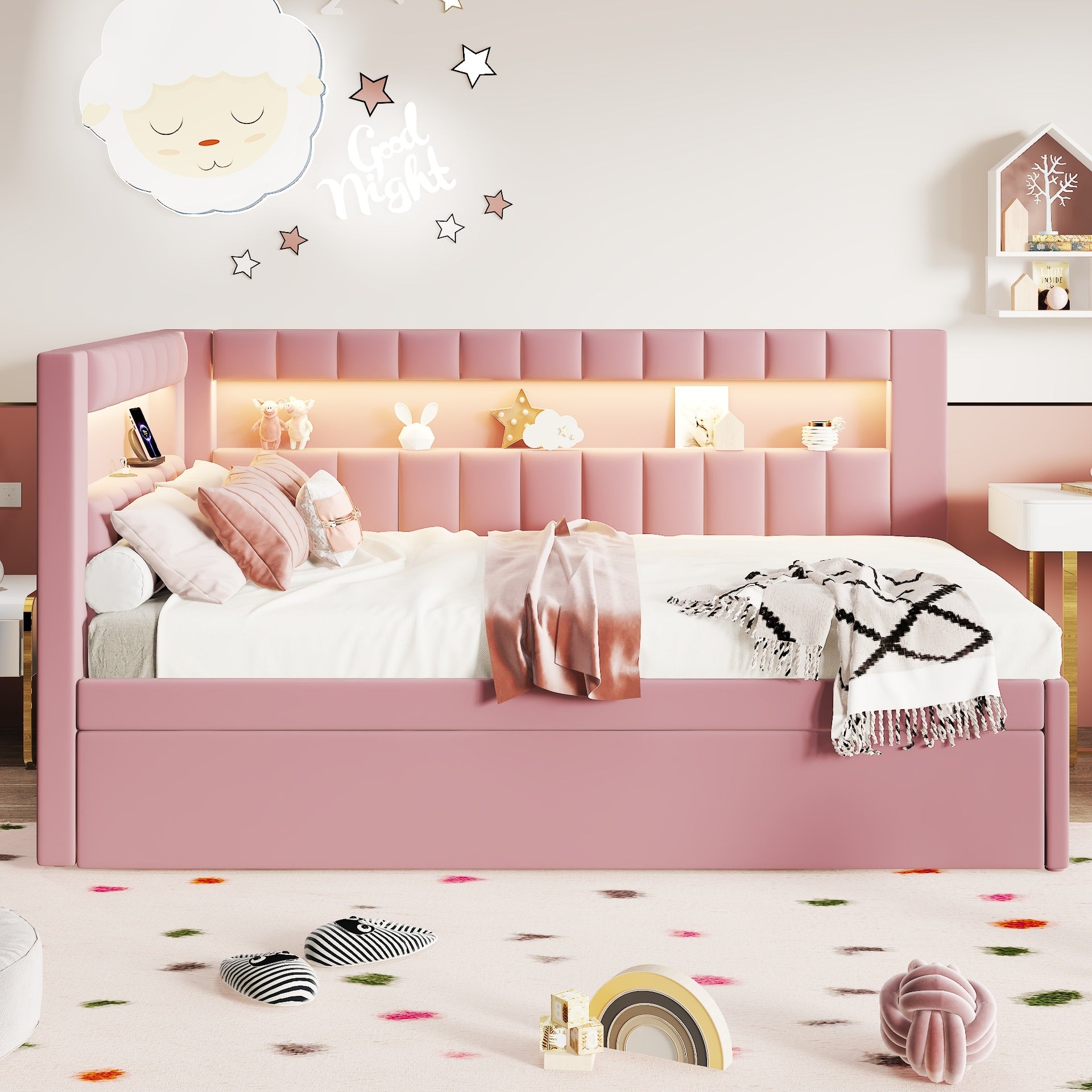 Upholstered Twin Size Platform Bed with USB Ports and LED Belt, With Trundle, Pink