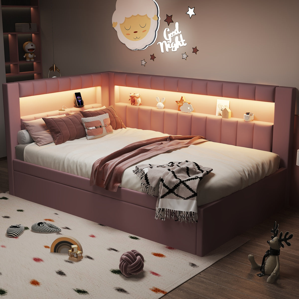 Upholstered Twin Size Platform Bed with USB Ports and LED Belt, With Trundle, Pink