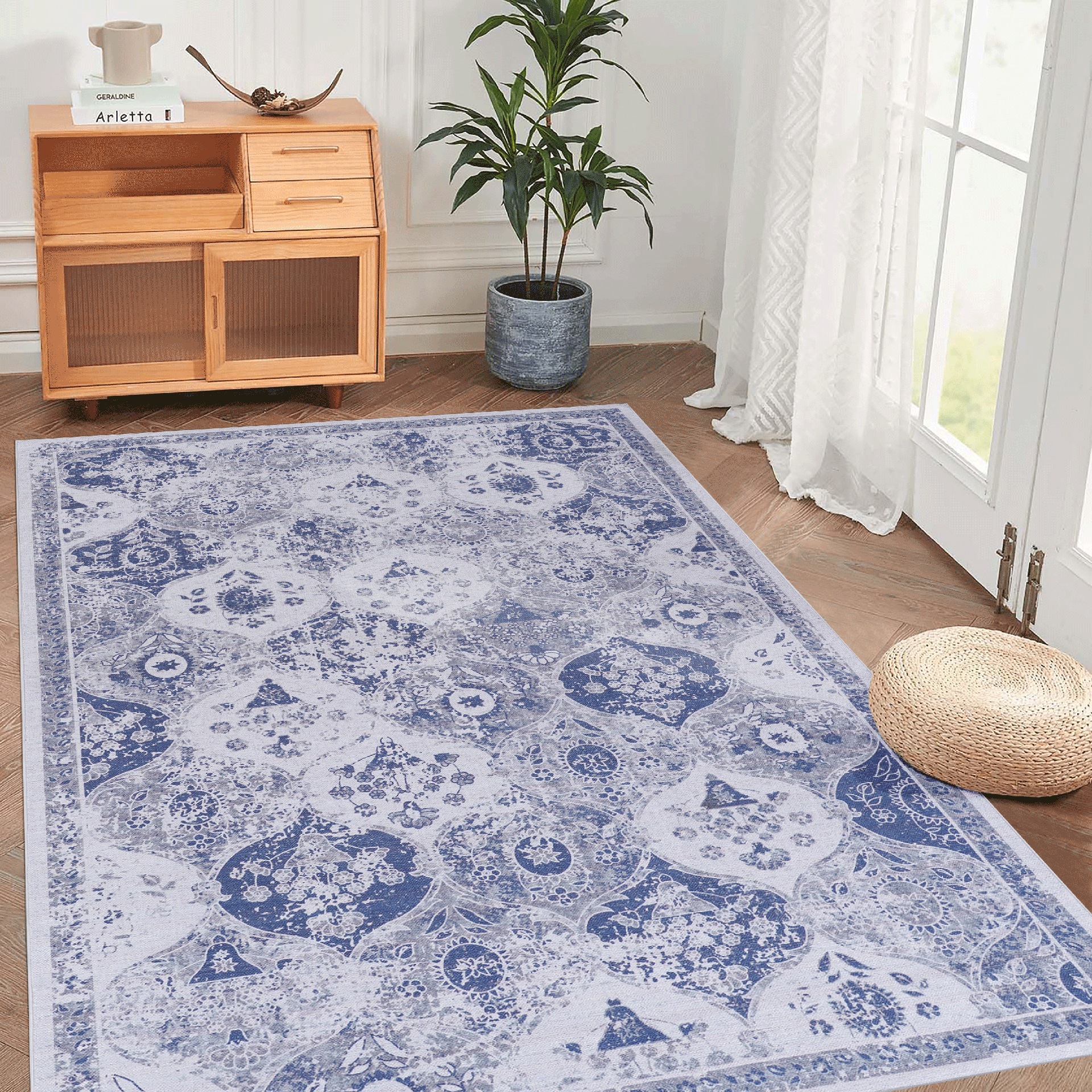 MAVAL Blue Washable Rug 3x5 Area Rug (Blue, 3' x 5')