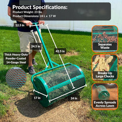 The Original 24 Inch Compost and Peat Moss Spreader Roller - Top Soil, Sand, Manure, Mulch, Top Dressing Lawn and Garden Spreader